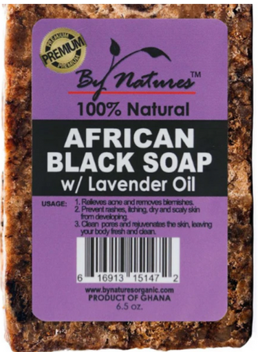 African Black Soap bar with lavender oil on a purple label, featuring By Natures branding.